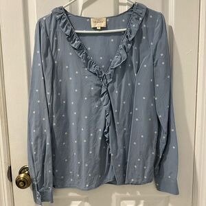 Sezane Ruffled Blue Polka Dot Silk Blouse